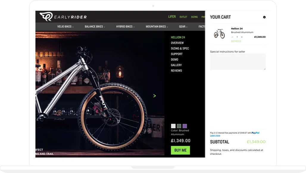 Early Rider online store, Cart page, desktop screenshot - GenovaWebArt, Shopify Plus agency case study