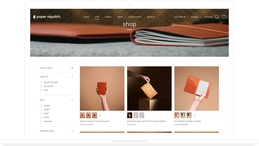 Paper Republic online store, Collection page, desktop screenshot - GenovaWebArt, Shopify Plus agency case study