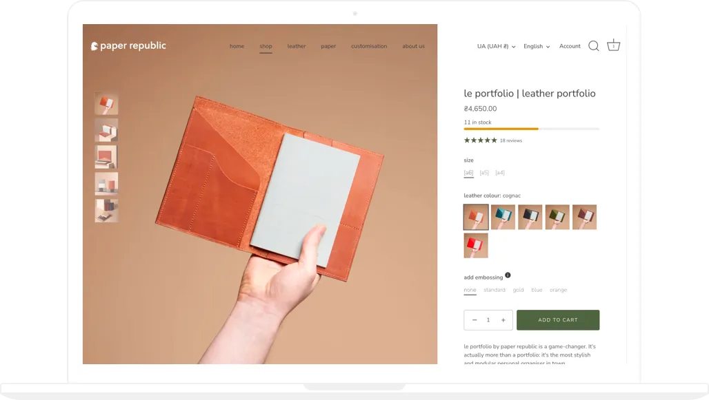 Paper Republic online store, Product page, desktop screenshot - GenovaWebArt, Shopify Plus agency case study