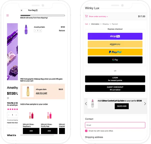 Winky Lux, Shopify Plus development, Cart drawer & checkout customisation, mobile screenshot - GenovaWebArt, Shopify Plus agency case study