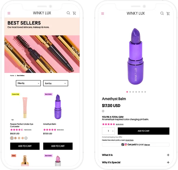 Winky Lux, Shopify Plus development, Collection & Product pages, mobile screenshot - GenovaWebArt, Shopify Plus agency case study