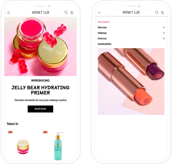 Winky Lux, Shopify Plus development, Home page & menu, mobile screenshot - GenovaWebArt, Shopify Plus agency case study