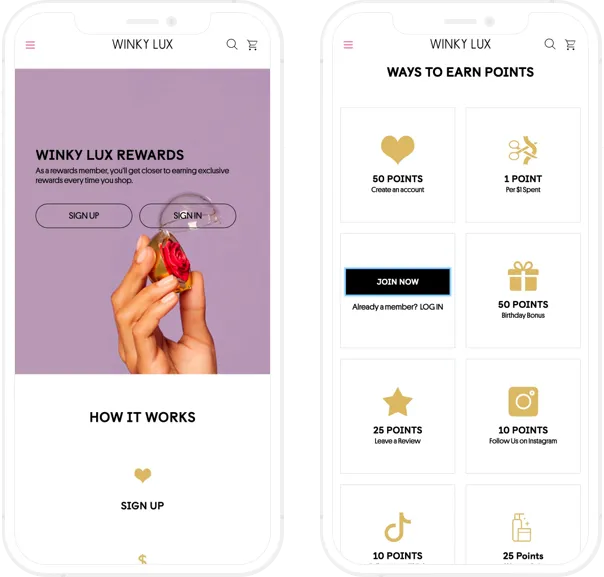 Winky Lux, Shopify Plus development, Reward program page, mobile screenshot - GenovaWebArt, Shopify Plus agency case study