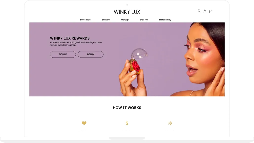 Winky Lux, Shopify Plus development, Rewards program page, desktop screenshot - GenovaWebArt, Shopify Plus agency case study